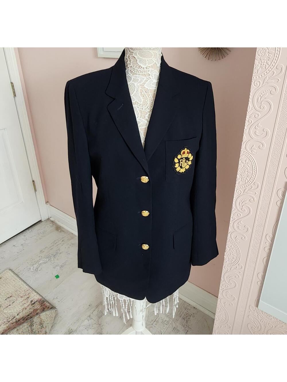vintage Lauren Ralph Lauren navy blue blazer gold crest patch gold buttons 12